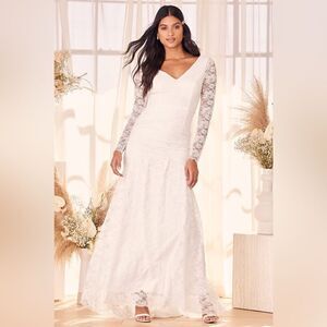 NEW Lulu’s Make it Last Forever White Lace Long Sleeve Mermaid Maxi Dres…